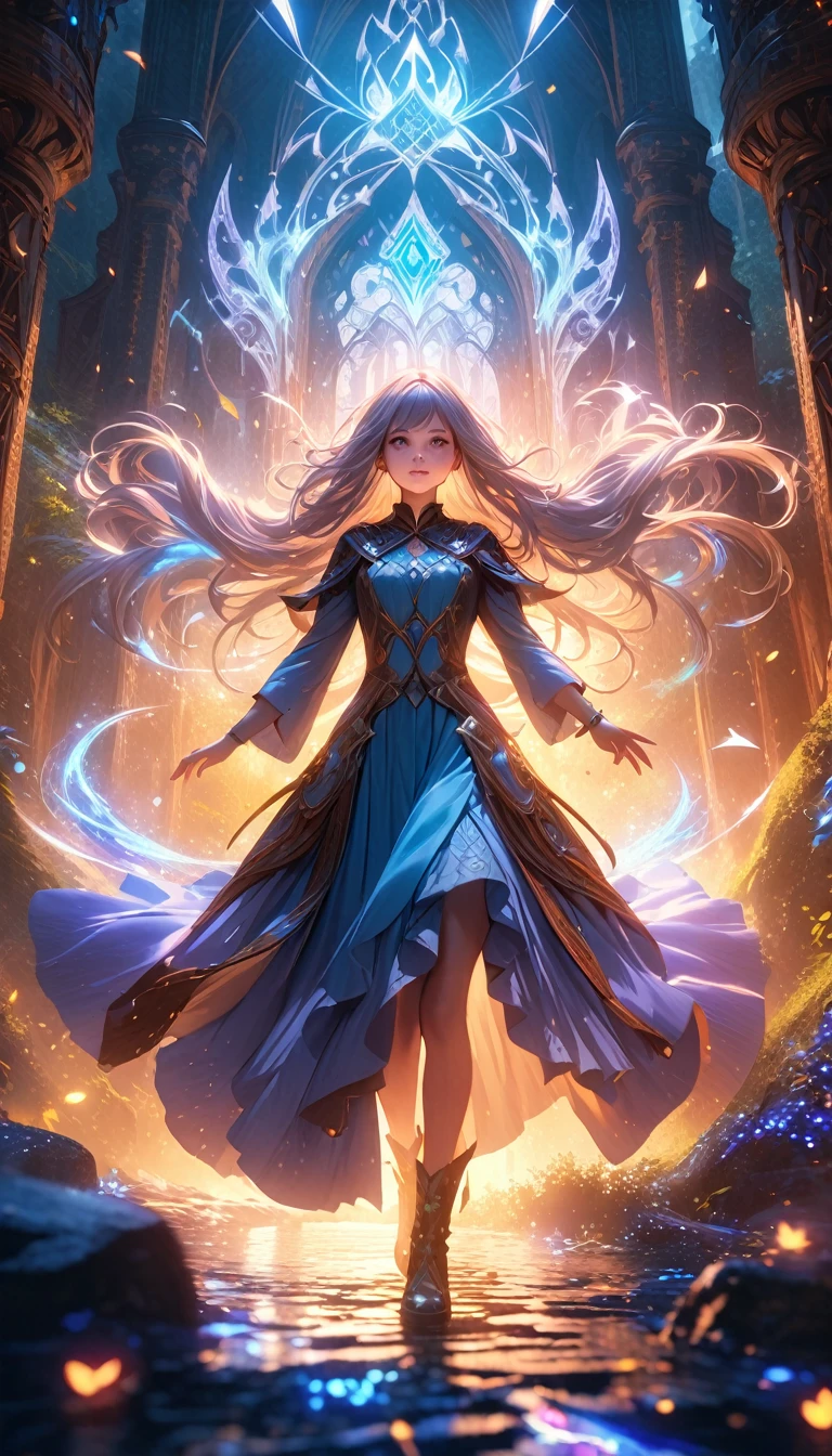 A beautiful young mage, 1girl, with long flowing hair, intense eyes, and an alluring expression, in a fantastical magical realm, ornate magic effects, dramatic lighting, intricate details, fantasy landscape, glowing runes, cinematic composition, surreal colors, dreamlike atmosphere, (best quality,4k,8k,highres,masterpiece:1.2),ultra-detailed,(realistic,photorealistic,photo-realistic:1.37),vibrant colors,cinematic lighting,dramatic poses,intricate details,fantasy art,digital painting