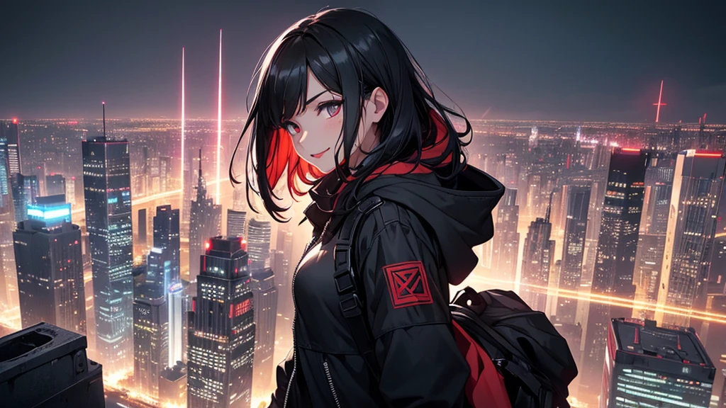 最high resolution,high resolution,Legendary Assassin, Beautiful Teenage Woman,Small breasts,black hooded coat , Grey Shirt,Black pants,Fearless smile, Red lips, Black Hair, Red eyes, realism, Night city view from the top of a skyscraper,Neon Town,Digital Painting, Concept Art, Smooth, Sharp focus, Three-part method, Style Psycho,Detailed Eyes,assassin&#39;s creed