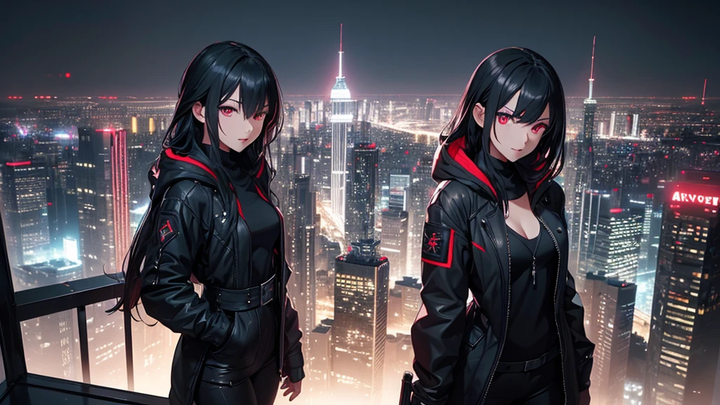 最high resolution,high resolution,Legendary Assassin, Beautiful Teenage Woman,Small breasts,black hooded coat , Grey Shirt,Black pants,Fearless smile, Red lips, Black Hair, Red eyes, realism, Night city view from the top of a skyscraper,Neon Town,Digital Painting, Concept Art, Smooth, Sharp focus, Three-part method, Style Psycho,Detailed Eyes,assassin&#39;s creed