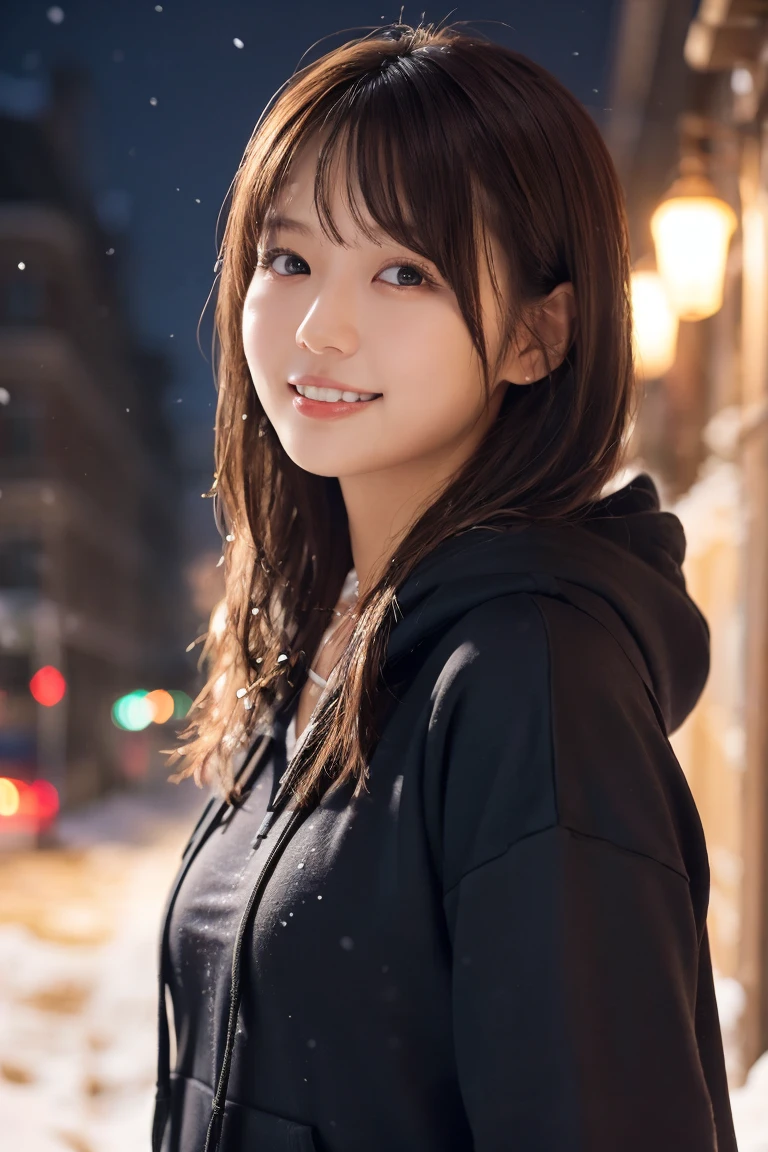 1 Girl, (Wear a black hoodie:1.2), (RAW Photos, highest qualthaty), (Realistic, Realistic:1.4), Tabletop, Very delicate and beautiful, Very detailed, 2k wallpaper, wonderful, finely, Very detailed CG Unthaty 8K 壁紙, Very detailed, High resolution, Soft Light, Beautiful detailed girl, Very detailed目と顔, Beautiful and sophisticated nose, finelyて美しい目, Cinema Lighting, Illuminations that light up the cthaty on a snowy night, Snow Scene, that'that'that'it's snowing, Snow fell in my hair, Perfect Anatomy, Slender body, Was nervous,
Straight semi-long hair, bangs, Looking at the audience, smile、Fluffy scarf、On the bed、pajamas