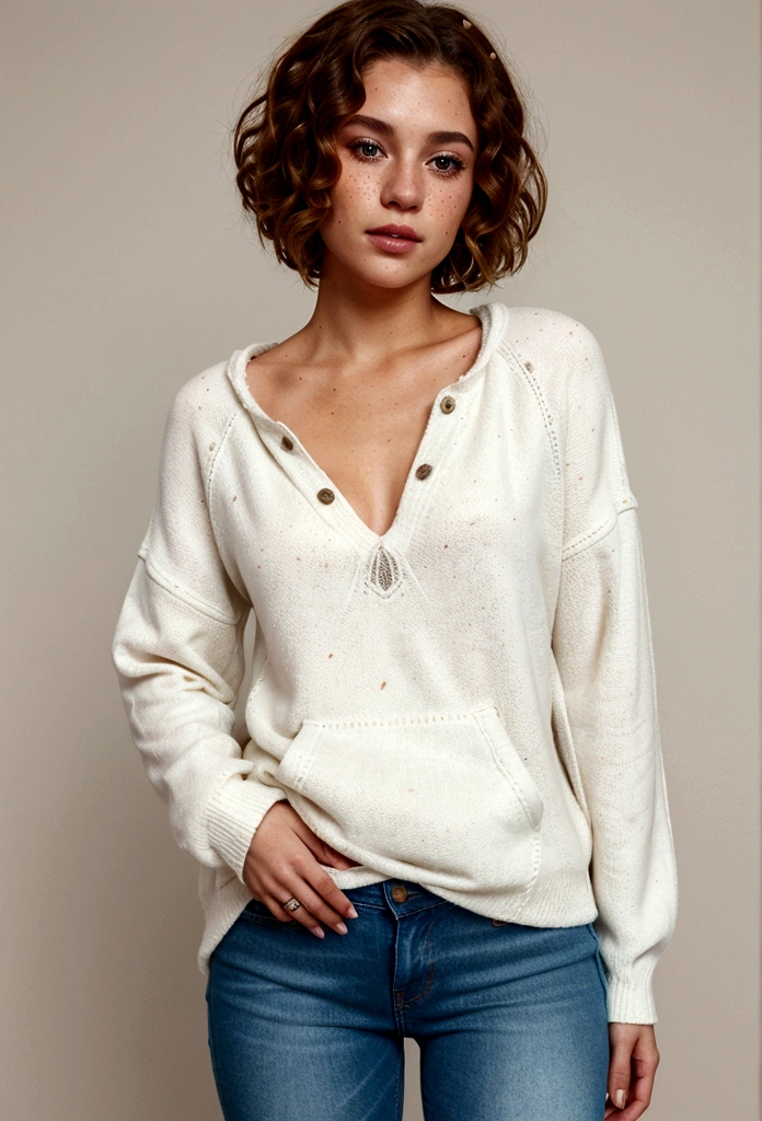 Woman with Short brown LOCKEN!, white skin, light freckles,dressed with a pullover and some jeans