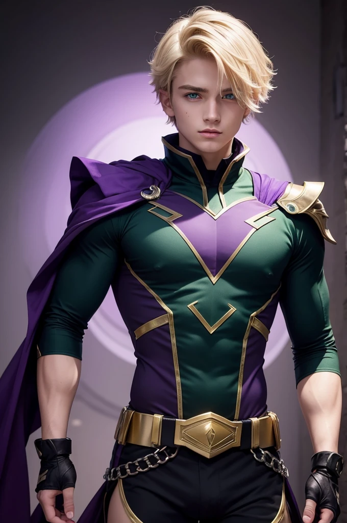 20-year-old male, Short Blonde Hair, gorgeous green eyes, dressed in a hero costume, details in purple and black colors.