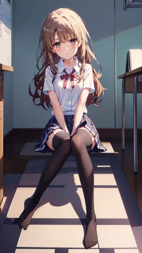 (8K、Best image quality、Highest quality、masterpiece)、One tall girl、((whole body))、Sit on the floor with your legs spread、White panties are visible、Long Hair、Wavy Hair、blush、Medium Bust、White collared shirt、Short sleeve、((Checkered pleated mini skirt))、Classroom Background、((black tights))、Black Pantyhose、((No shoes))