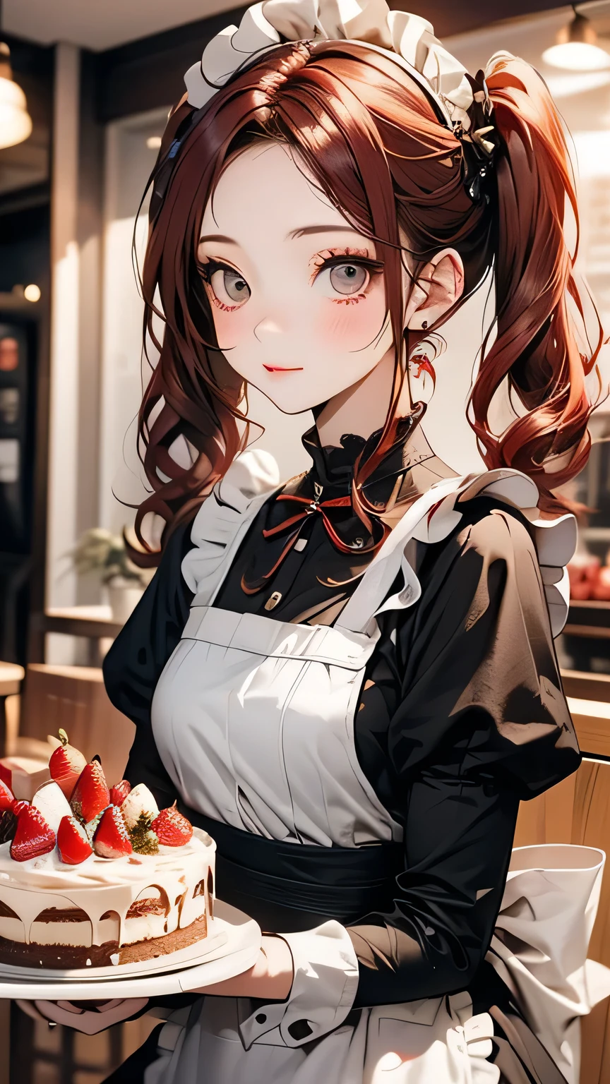 Promotional Photos, The location is a coffee shop, 1 Girl, The face of a 16 year old, The waitress is bringing the cake to the table, Red hair twin tails, Kind Face, A strawberry-inspired half-gothic lolita and half-maid costume, White-based clothing,