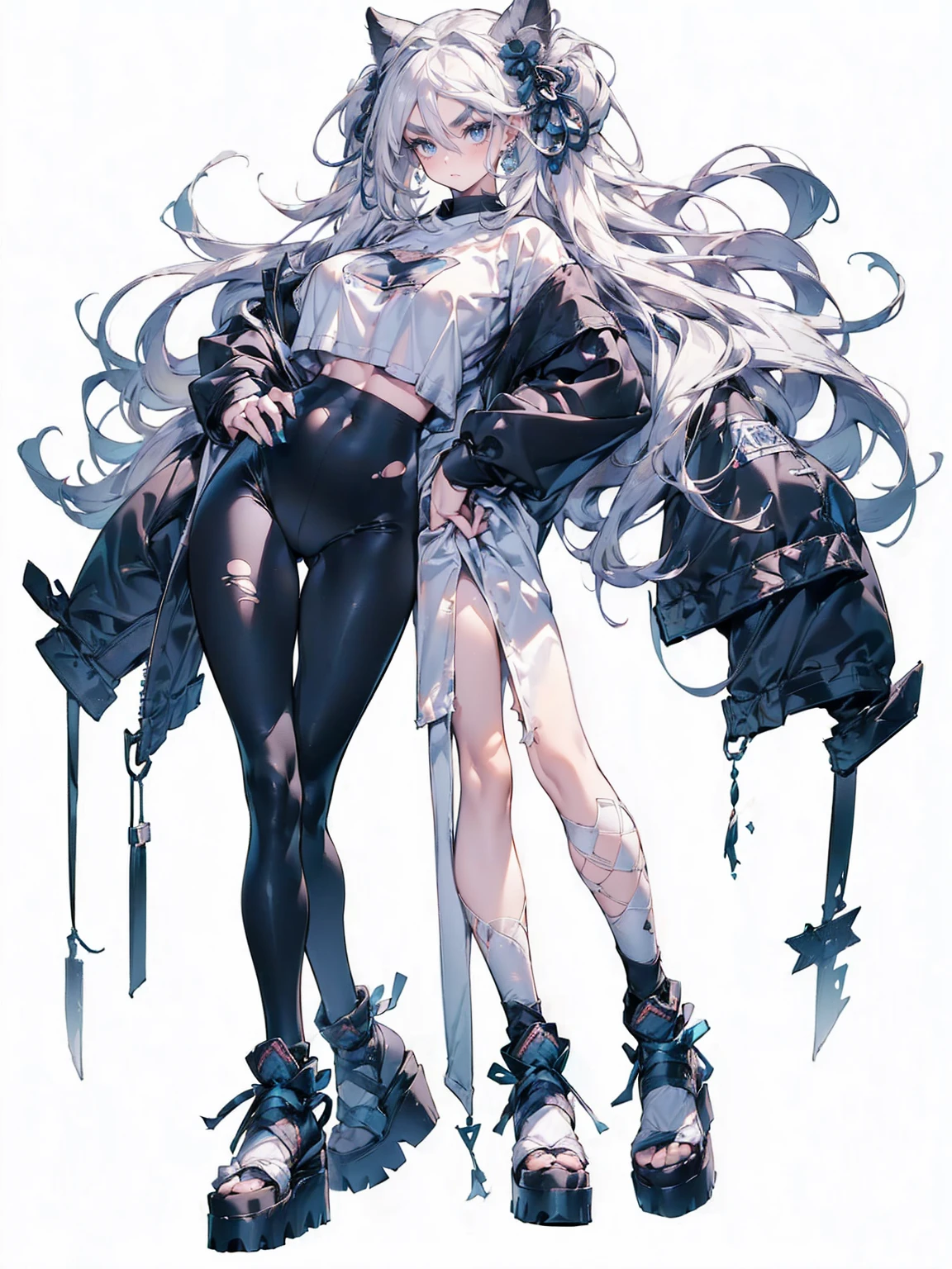 (White Hair Girl), (Thick, dark blue eyebrows:1.4), (Dark blue eyebrows:1.7), (Thick eyebrows:1.3), (Huge black fluffy animal ears:1.1), (Black animal ears:1.1), BREAK, (((Mesh Stitching Crop T-Shirt, Cutout Long Sleeve Top))),BREAK, (Big Breasts:1.2, Thick legs, Adult female body, Sturdy body:1.5, Japanese style costume:1.5, Beautifully colored kimono), ((full body:1.7, Contrapposto:1.5)), (sharp eyes, Ultra-high definition CG, Precisely designed costumes, 4K, 8K, Ultra-high definition CG, Precisely designed costumes, Clear lines, Expressive and Captivating Eyes, Fine Details and Realistic Textures, cinematic lighting), ((white background)), BREAK, (Wearing black leggings with holes), Skinny sleeves, (Torn and holey leggings:1.2)(Black leggings:1.4), (過剰なRuggedThick soleブーツを履いています:1.2), (Thick sole:1.5), (Big shoes:1.3), ((Beam SE, embarrassed))