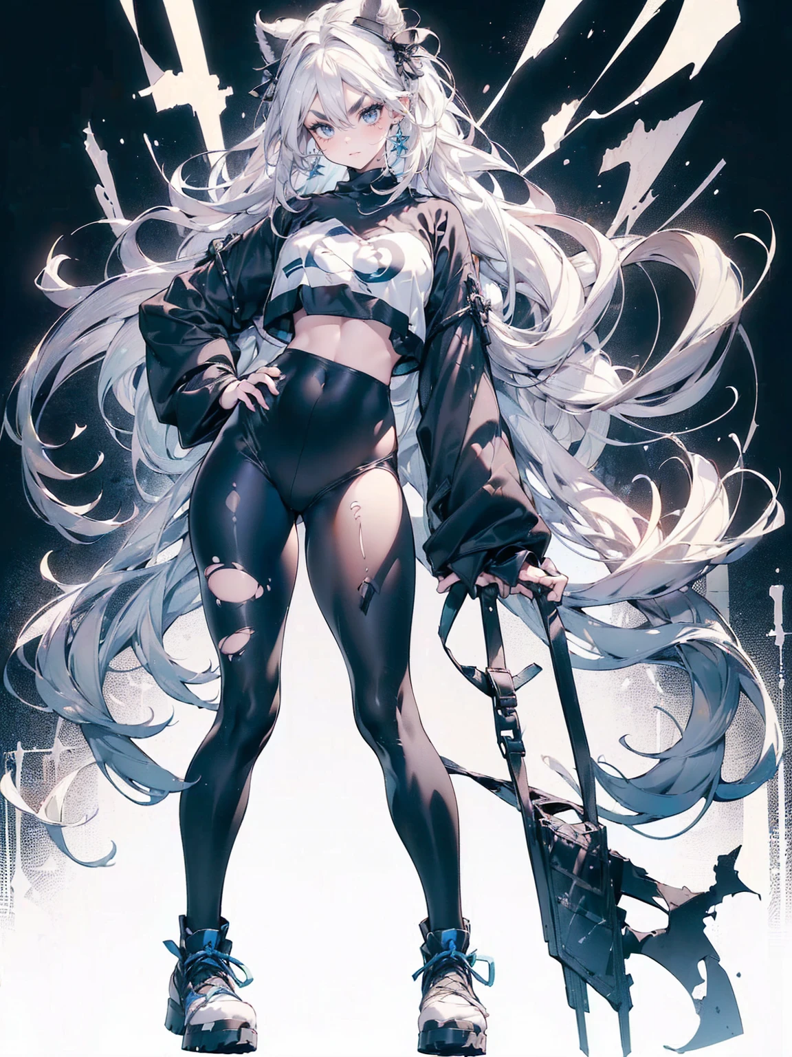 (White Hair Girl), (Thick, dark blue eyebrows:1.4), (Dark blue eyebrows:1.7), (Thick eyebrows:1.3), (Huge black fluffy animal ears:1.1), (Black animal ears:1.1), BREAK, (((Mesh Stitching Crop T-Shirt, Cutout Long Sleeve Top))),BREAK, (Big Breasts:1.2, Thick legs, Adult female body, Sturdy body:1.5, Japanese style costume:1.5, Beautifully colored kimono), ((full body:1.7, Contrapposto:1.5)), (sharp eyes, Ultra-high definition CG, Precisely designed costumes, 4K, 8K, Ultra-high definition CG, Precisely designed costumes, Clear lines, Expressive and Captivating Eyes, Fine Details and Realistic Textures, cinematic lighting), ((white background)), BREAK, (Wearing black leggings with holes), Skinny sleeves, (Torn and holey leggings:1.2)(Black leggings:1.4), (過剰なRuggedThick soleブーツを履いています:1.2), (Thick sole:1.5), (Big shoes:1.3), ((Beam SE, embarrassed))