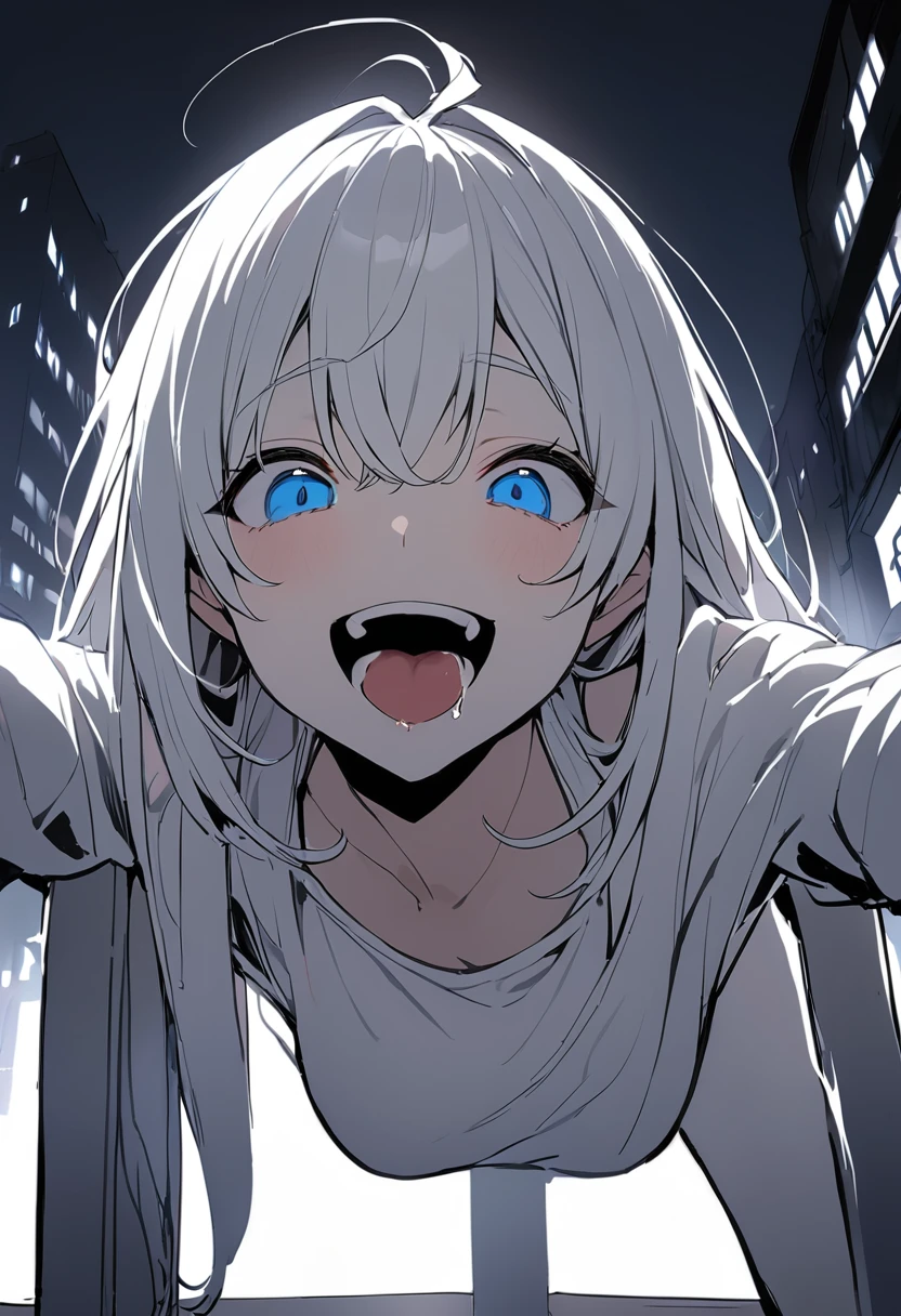 (masterpiece:1.2)、Highest quality、PIXIV、Rebellious girl、One girl、Open your mouth、鋭いteeth、teeth、Long Hair、Street background、Bright blue eyes、Upper Body、smile、Focus on the viewer、Chest in the center、Shoulder Bare、Belly button、Black and white hair color,leaning forward,Night view,Black and Whiteグレーの服装,Overflowing drool、saliva、White Breath、Sigh,Pull your mouth with your fingers、An excited look、Long, narrow eyes,fallatio,Black and White
