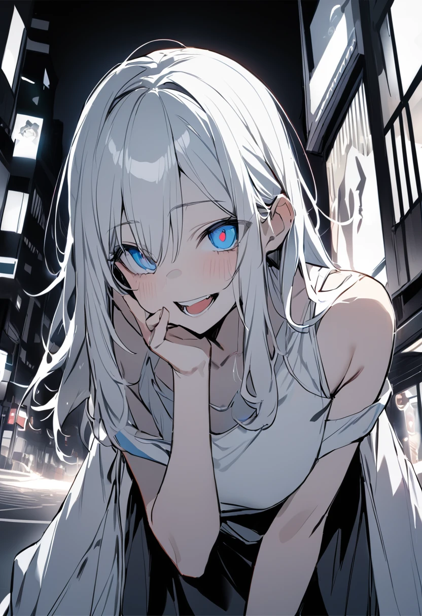 (masterpiece:1.2)、Highest quality、PIXIV、Rebellious girl、One girl、Open your mouth、鋭いteeth、teeth、Long Hair、Street background、Bright blue eyes、Upper Body、smile、Focus on the viewer、Chest in the center、Shoulder Bare、Belly button、Black and white hair color,leaning forward,Night view,Black and Whiteグレーの服装,Overflowing drool、saliva、White Breath、Sigh,Pull your mouth with your fingers、An excited look、Long, narrow eyes,fallatio,Black and White