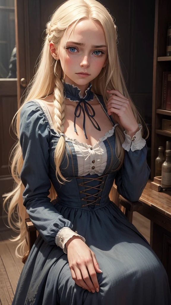 a beautiful woman with long blonde hair, blue eyes, and a detailed face, wearing a tattered and dirty 1840s era dress, chained wrists, sorrowful expression, photorealistic, highly detailed, 8k, masterpiece, dramatic lighting, muted color palette, melancholic mood, period accurate