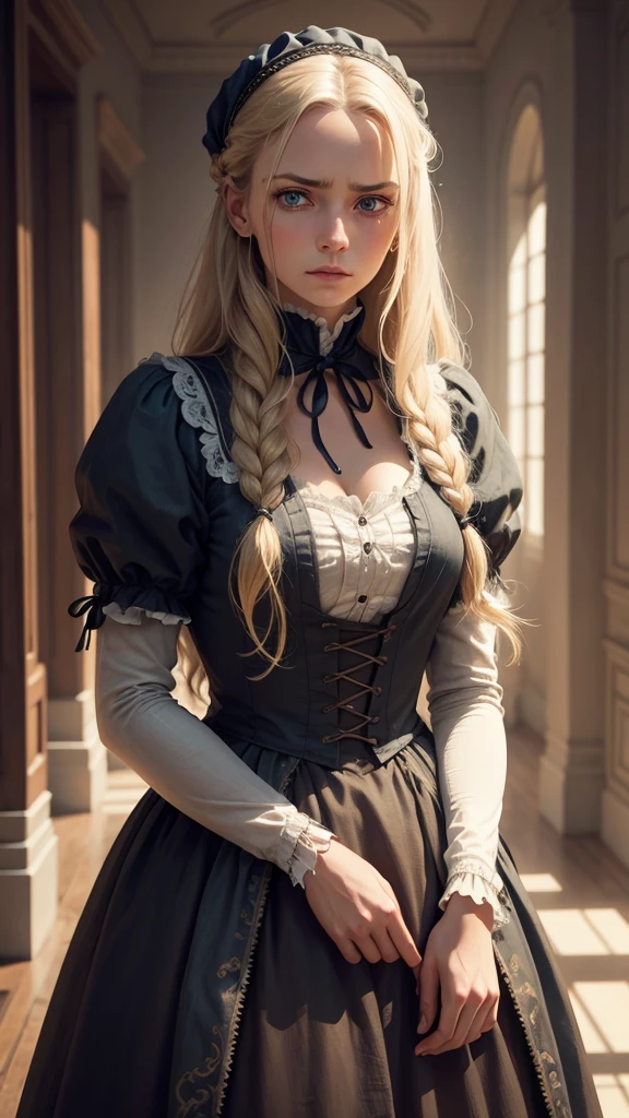 a beautiful woman with long blonde hair, blue eyes, and a detailed face, wearing a tattered and dirty 1840s era dress, chained wrists, sorrowful expression, photorealistic, highly detailed, 8k, masterpiece, dramatic lighting, muted color palette, melancholic mood, period accurate