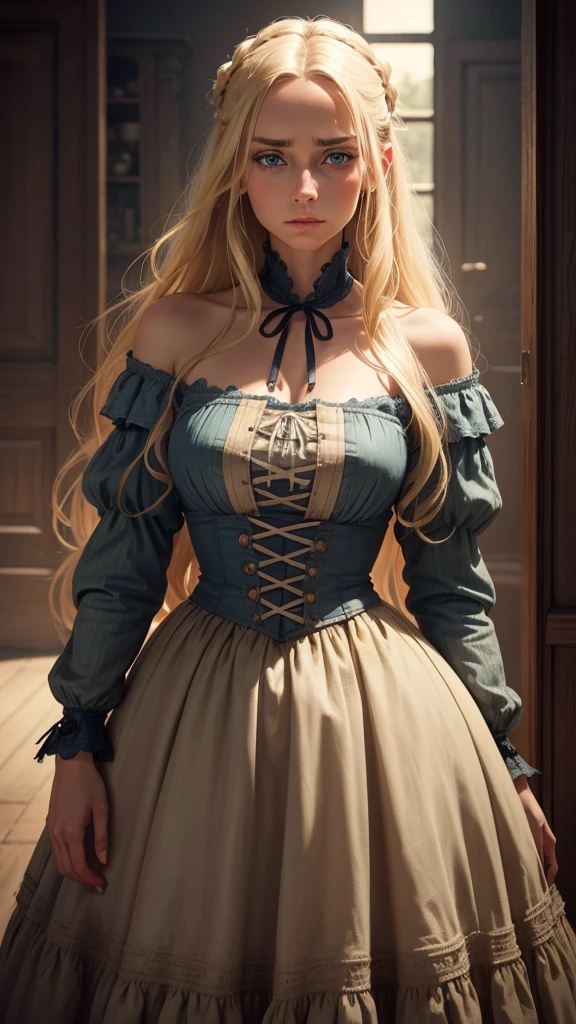 a beautiful woman with long blonde hair, blue eyes, and a detailed face, wearing a tattered and dirty 1840s era dress, chained wrists, sorrowful expression, photorealistic, highly detailed, 8k, masterpiece, dramatic lighting, muted color palette, melancholic mood, period accurate
