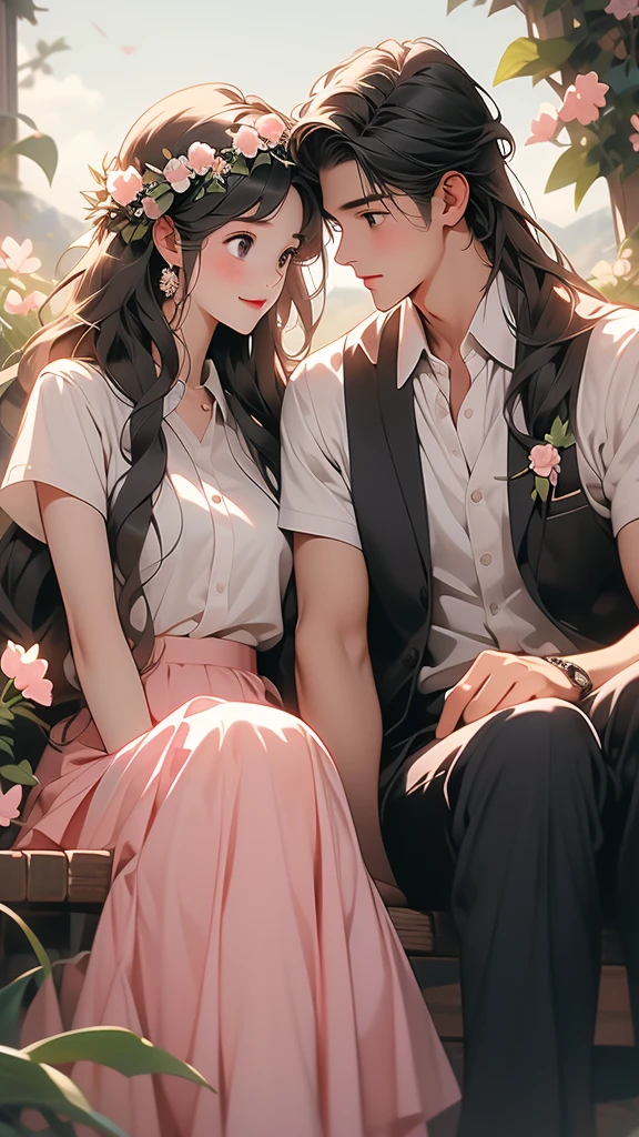 this is a picture of a couple that are sitting sitting next to each other, shirt, 1girl, black hair, smile, sitting, white shirt, flower, outdoors, pink skirt, looking at another, pants, white flower, 2boys, skirt, day, long hair, head wreath, collared shirt, vest
