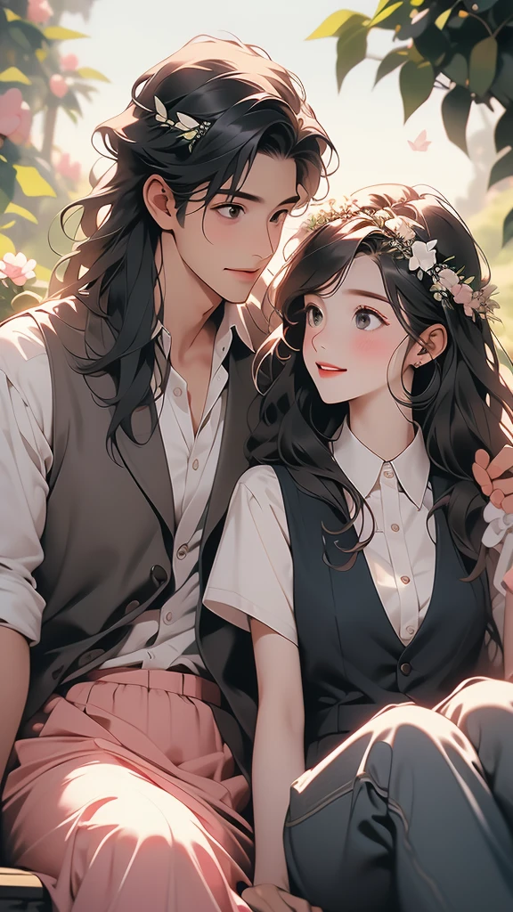 this is a picture of a couple that are sitting sitting next to each other, shirt, 1girl, black hair, smile, sitting, white shirt, flower, outdoors, pink skirt, looking at ther, pants, white flower, 2boys, skirt, day, long hair, head wreath, collared shirt, vest