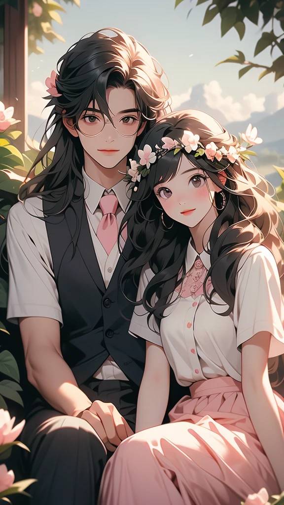 this is a picture of a couple that are sitting sitting next to each other, shirt, 1girl, black hair, smile, sitting, white shirt, flower, outdoors, pink skirt, looking at another, pants, white flower, 2boys, skirt, day, long hair, head wreath, collared shirt, vest