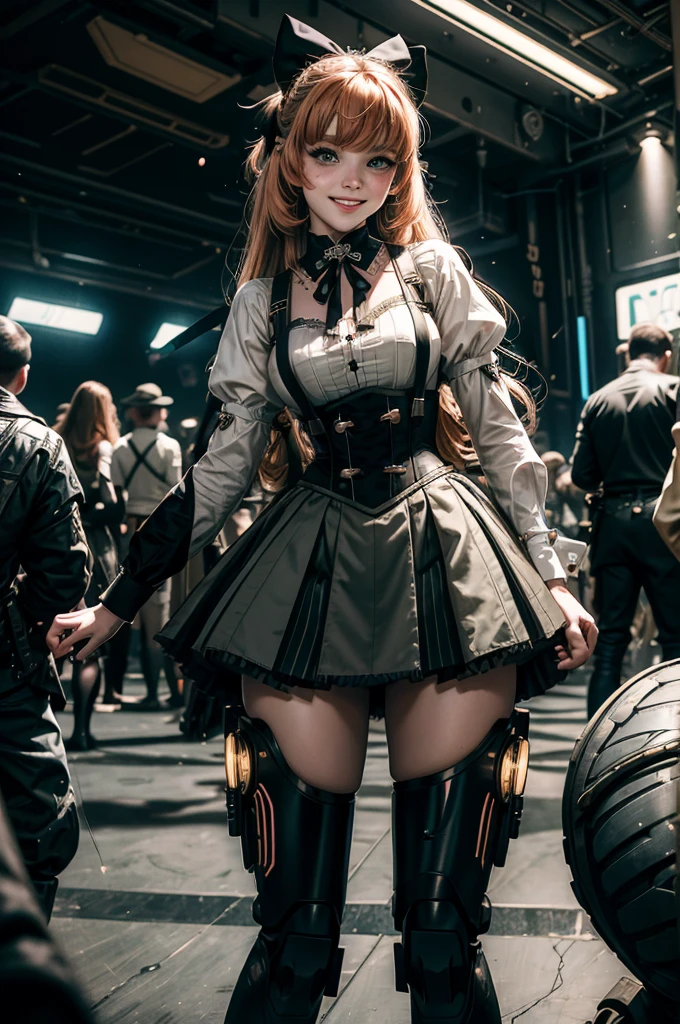 cowboy shot, dynamic pose, smile,  underbust, Penny Polendina, long hair, neck ribbon, yoga pants, corset, black bow, white blouse, mechanical legs, neon trim, standing outside palace, people arriving for lavish gala, hands on hips, large crowd, (((crowd in military dress))), (volumetric lighting), intricate details, tonemapping, sharp focus, hyper detailed, 

