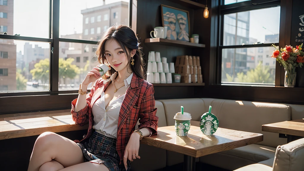 8K、RAW Photos、Highest quality、Super detailed、Super Resolution、Ultra HD、8K壁紙、Amazing details blazer uniform girl ((White blouse with formal collar, A nice red blazer, Black plaid skirt, Red checkered ribbon on blouse)), Complete limbs, Full Finger, 
((((Inside the Starbucks store))))、16 year old female student、(((Eat cake、Drink coffee、smile)))、Heart Necklace、Gold bracelet
((Emphasize cleavage))
((((Woman sitting at the window seat))))
