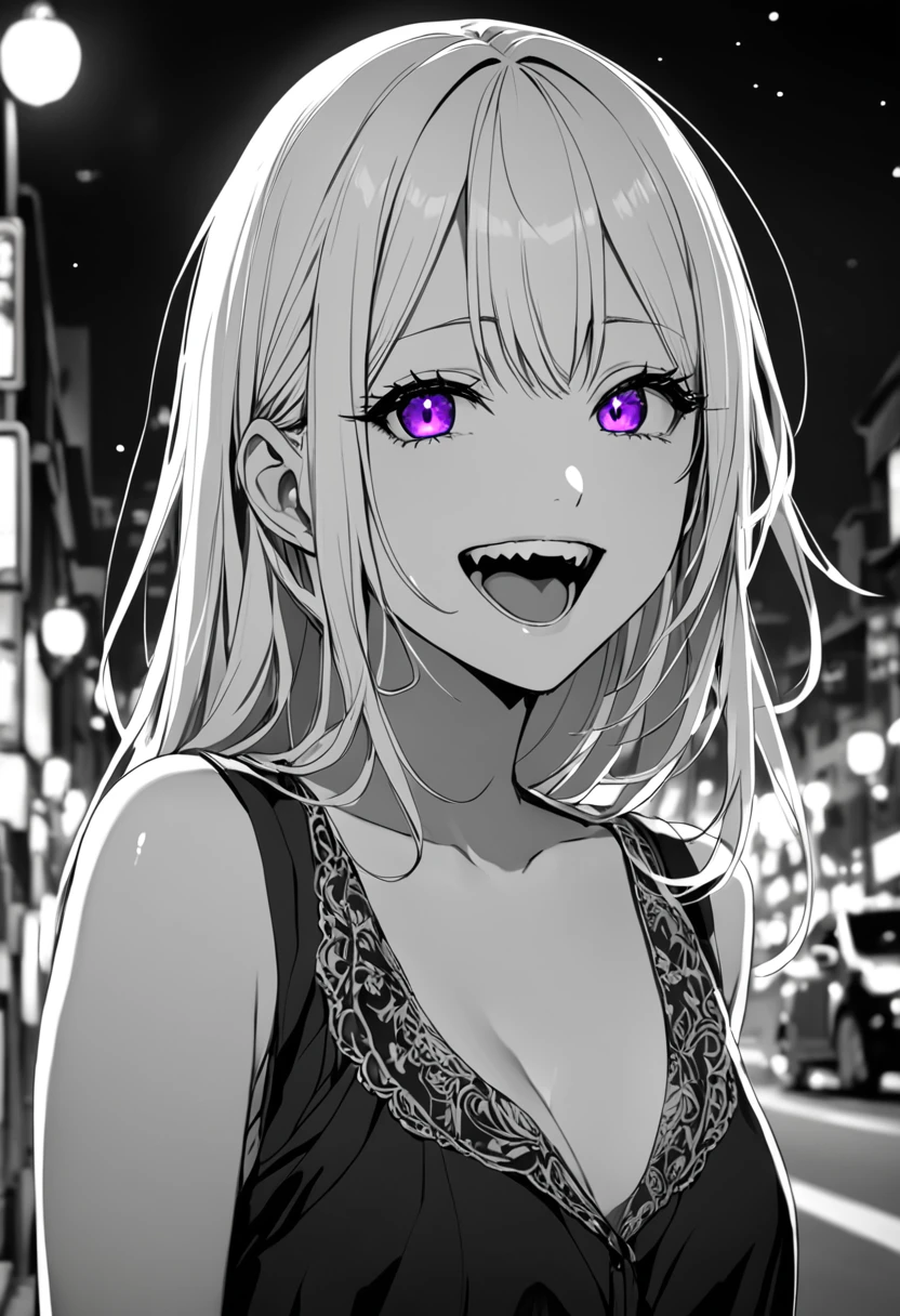 (masterpiece:1.2)、Highest quality、PIXIV、Rebellious girl、One girl、Open your mouth、鋭いteeth、teeth、Long Hair、Street background、Bright purple eyes、eyelash、Upper Body、Characters in clothes、smile、Focus on the viewer、Chest in the center、Black and white hair color,leaning forward,Night view,Black and Whiteグレーの服装,Overflowing drool、saliva、White Breath、Sigh、An excited look、Long, narrow eyes,fallatio、Black and White、Pull your mouth with your fingers