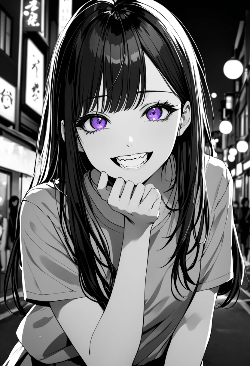 (masterpiece:1.2)、Highest quality、PIXIV、Rebellious girl、One girl、Open your mouth、鋭いteeth、teeth、Long Hair、Street background、Bright purple eyes、eyelash、Upper Body、Characters in clothes、smile、Focus on the viewer、Chest in the center、Black and white hair color,leaning forward,Night view,Black and Whiteグレーの服装,Overflowing drool、saliva、White Breath、Sigh、An excited look、Long, narrow eyes,fallatio、Black and White、Pull your mouth with your fingers