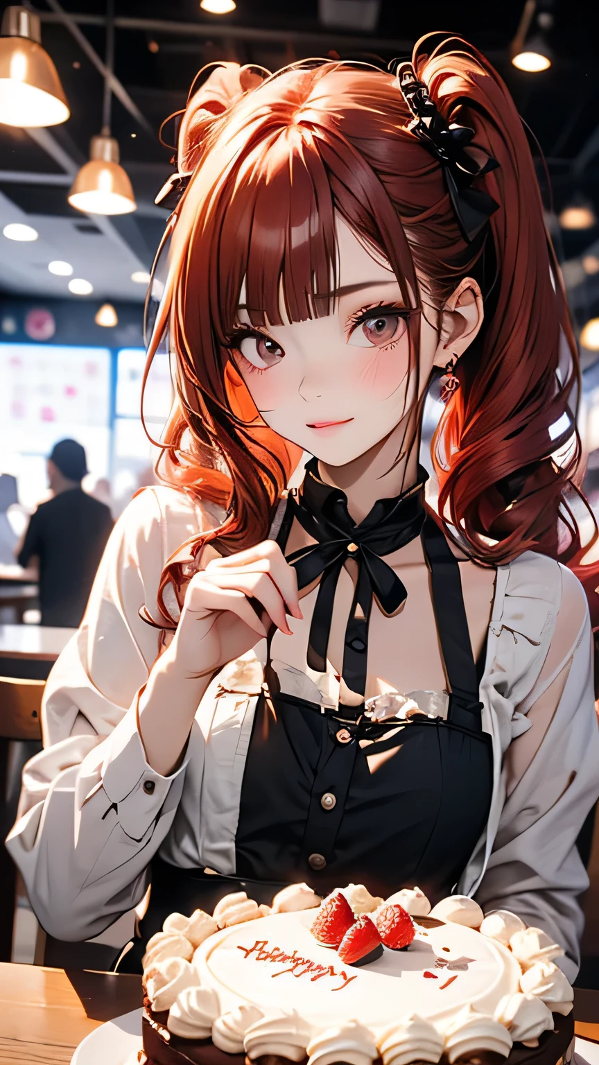 Promotional Photos, The location is a coffee shop, 1 Girl, The face of a 16 year old, The waitress is bringing the cake to the table, Red hair twin tails, Kind Face, A strawberry-inspired half-gothic lolita and half-maid costume, White-based clothing,