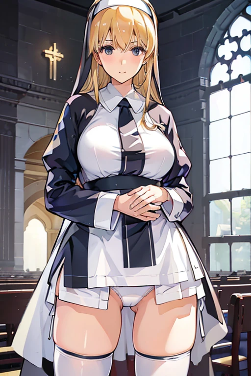 (Highest quality, In 4K, 8K, High resolution, Pieces fly:1.2),Solo Female,Very detailed, (reality, Realistic, Realistic:1.37),  30-year-old woman,Mature woman,成Mature woman,((Inside the church),Pieces fly, Highest quality, Ultra-fine,Maximum resolution, Very detailed, ((Nuns,Angle from below,High neck,White panties,Thigh-high socks)),code,Long blonde hair,Captivating thighs,mini skirt,