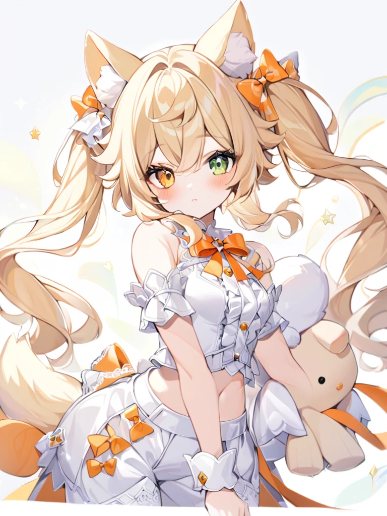 1girl, animal ears, bangs, bare shoulders, blonde hair, blush, bow, breasts, white cleavage, cropped torso, , green eyes, hair ribbon, heterochromia,  stlooking at viewer, , orange bow, orange eyes, orange ribbon, ears like an unearthly animal, fluffy tail, light tail, real tail, ribbon, solo, stuffed animal, stuffed bunny, stuffed toy, twintails, upper body, full-length, white legbands, white shoes with lace and white bows, white background, wrist cuffs, yellow eyes, bloomers, close-up, fair skin frills, lace, midriff, skirt, solo, , white background,shorts, white top with ribbon and lace and trousers,trousers, genshin,white slippers with a bow,All clothes are white, laceAt full height, it stands, в полный рост