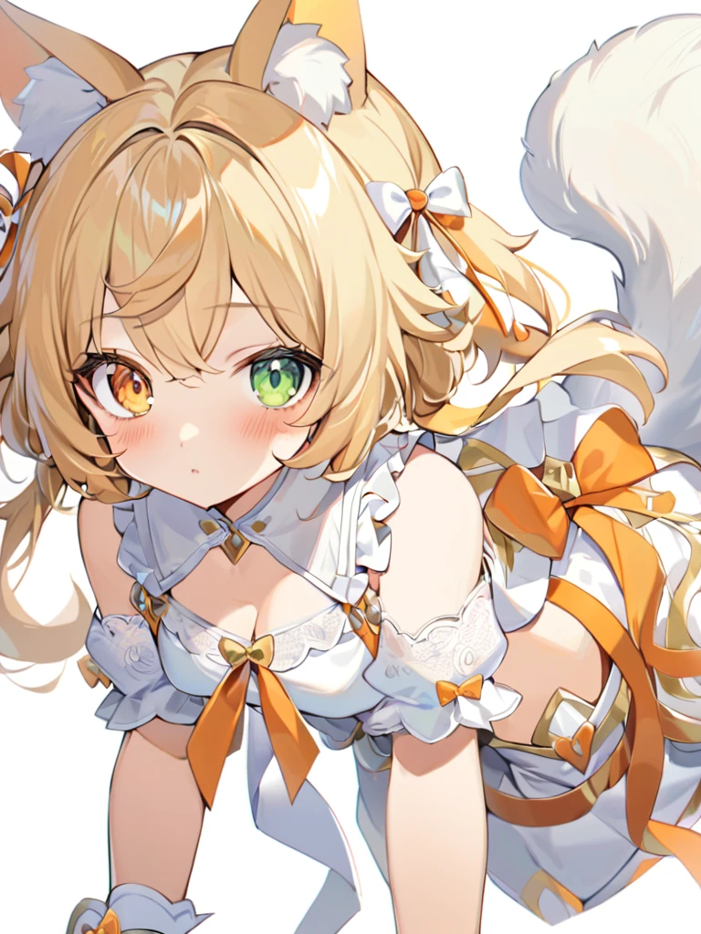 1girl, animal ears, bangs, bare shoulders, blonde hair, blush, bow, breasts, white cleavage, cropped torso, , green eyes, hair ribbon, heterochromia,  stlooking at viewer, , orange bow, orange eyes, orange ribbon, ears like an unearthly animal, fluffy tail, light tail, real tail, ribbon, solo, stuffed animal, stuffed bunny, stuffed toy, twintails, upper body, full-length, white legbands, white shoes with lace and white bows, white background, wrist cuffs, yellow eyes, bloomers, close-up, fair skin frills, lace, midriff, skirt, solo, , white background,shorts, white top with ribbon and lace and trousers,trousers, genshin,white slippers with a bow,All clothes are white, laceAt full height, it stands, в полный рост