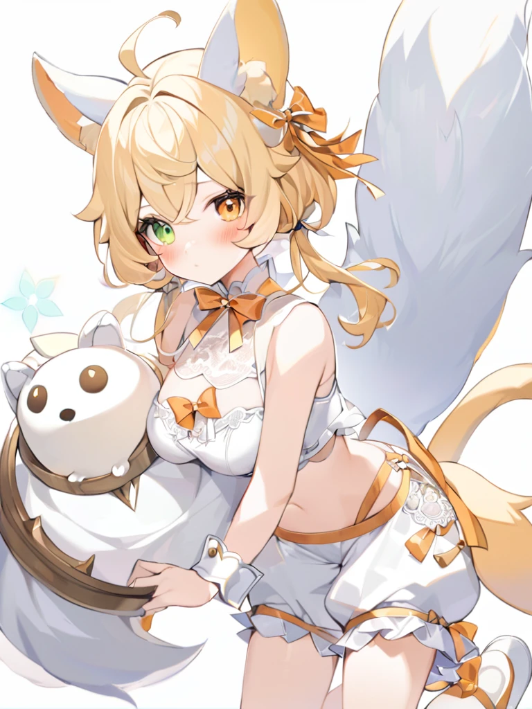 1girl, animal ears, bangs, bare shoulders, blonde hair, blush, bow, breasts, white cleavage, cropped torso, , green eyes, hair ribbon, heterochromia,  stlooking at viewer, , orange bow, orange eyes, orange ribbon, ears like an unearthly animal, fluffy tail, light tail, real tail, ribbon, solo, stuffed animal, stuffed bunny, stuffed toy, twintails, upper body, full-length, white legbands, white shoes with lace and white bows, white background, wrist cuffs, yellow eyes, bloomers, close-up, fair skin frills, lace, midriff, skirt, solo, , white background,shorts, white top with ribbon and lace and trousers,trousers, genshin,white slippers with a bow,All clothes are white, laceAt full height, it stands, в полный рост