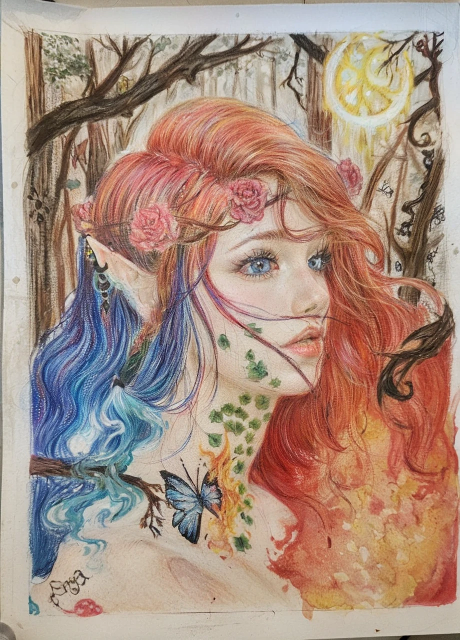 1 girl, in a forest, beautiful red hair, half of the hair is made of water, the other half of the hair is made of fire, magical, blue eyes, tattoos, water and fire magic in hair, elf