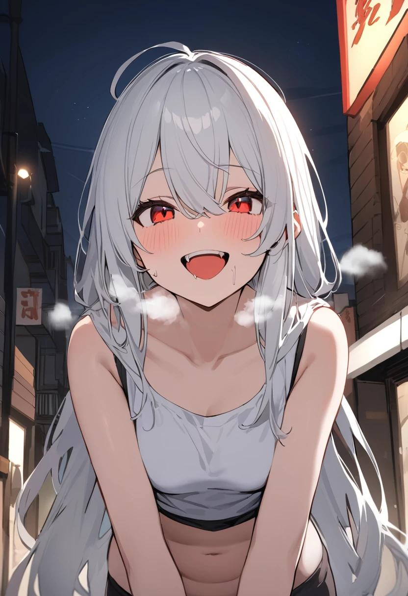 (masterpiece:1.2)、Highest quality、PIXIV、Rebellious girl、One girl、Open your mouth、鋭いteeth、teeth、Long Hair、Street background、Bright red eyes、Upper Body、smile、Focus on the viewer、Chest in the center、Shoulder Bare、Belly button、Black and white hair color,leaning forward,Night view,Black and Whiteグレーの服装,Overflowing drool、saliva、White Breath、Sigh,Pull your mouth with your fingers、An excited look,fallatio,Black and White