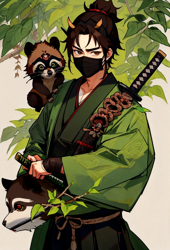 Male samurai, wearing a woven mask with green leaves on his head, brown hair, half tanuki, has a samurai sword.