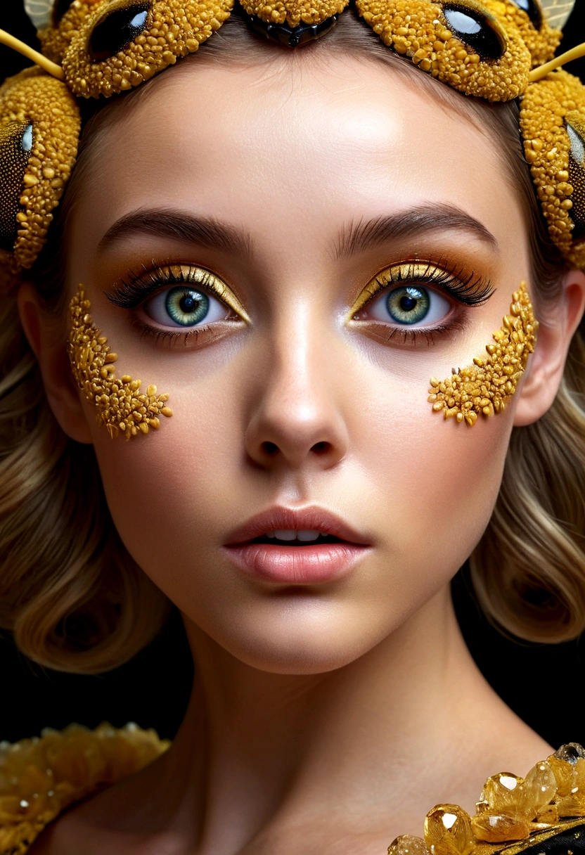 1girl as a queen bee, full face, big bee eyes, facet eyes, crystalite eyes, mouth as bee mouth, macro photography, delicate skin, attractive, high pose, fashion pose, photo art, digital manipulated, extremely detailed, dramatic lighting, vivid color, psychedelic, intricate, 8k UHD, epic realism, fantasy art