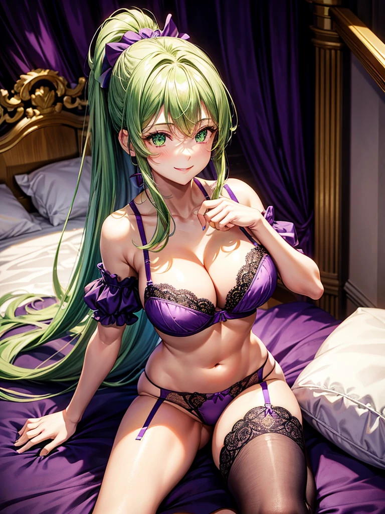 Highest quality,Highest Resolution,1Beautiful girl with a smile,whole body,look up,looking at the camera,Large emerald green eyes,ponytail,Golden Hair,Red eyes,In underwear,purple bra,Purple underwear,High leg,purple garter belt,Purple knee-high stockings,Dark bedroom,