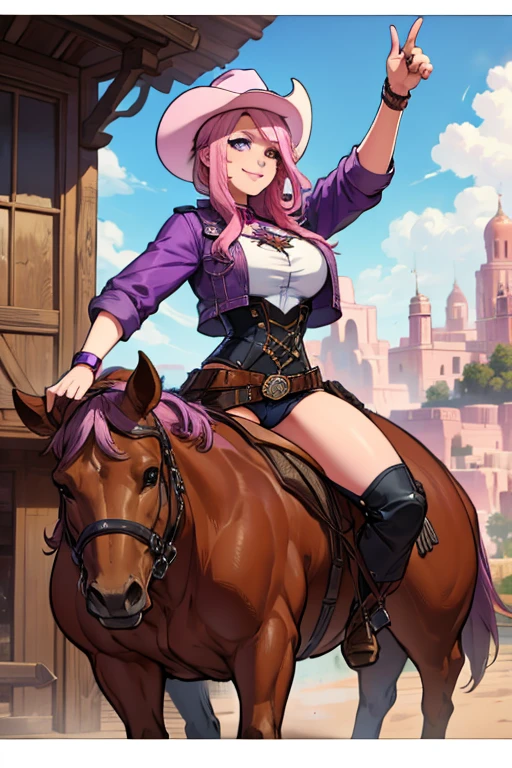 A pink haired female cowgirl with violet eyes with an hourglass figure in a conservative cowgirl outfit is riding a bull with a big smile