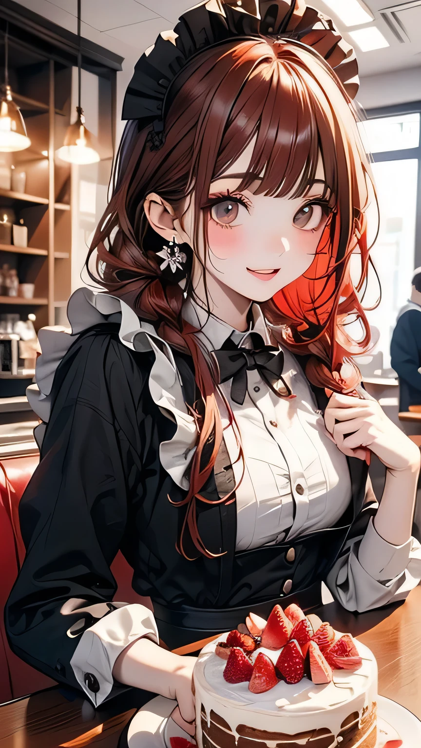 ((masterpiece,Highest quality)),The place is a coffee shop,One girl,Beautiful attention to detail, Detailed face, The waitress is bringing the cake to the table, Red hair twin tails, Kind Face, A strawberry-inspired half-gothic ta and half-maid costume, White-based clothing,