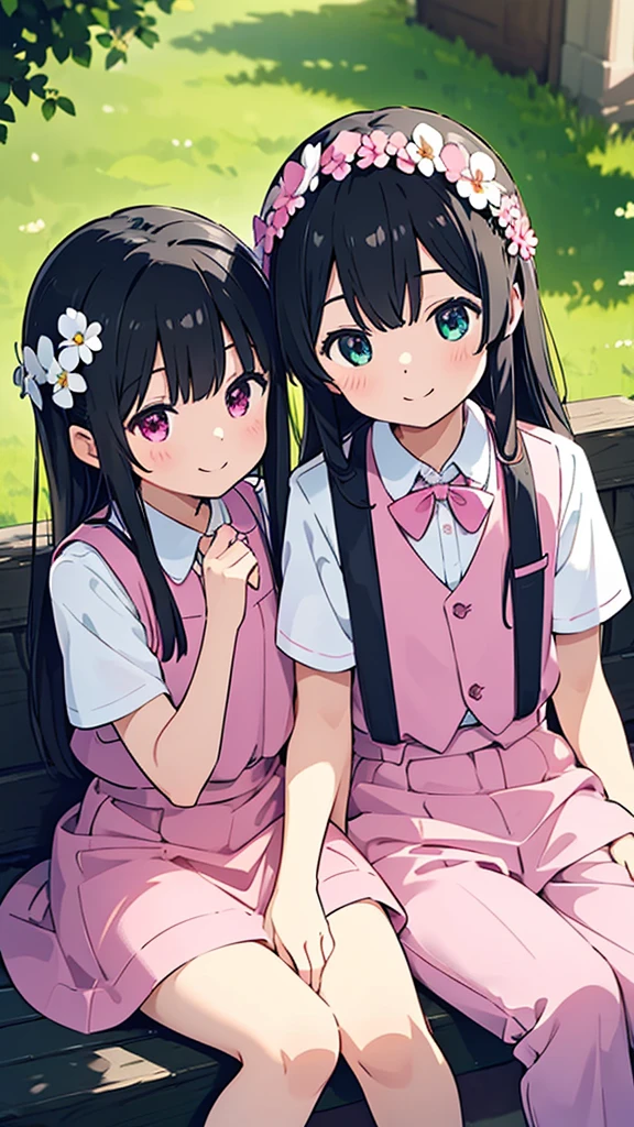 this is a picture of a couple that are sitting sitting next to each other, shirt, 1girl, black hair, smile, sitting, white shirt, flower, outdoors, pink skirt, looking at another, pants, white flower, 2boys, skirt, day, long hair, head wreath, collared shirt, vest