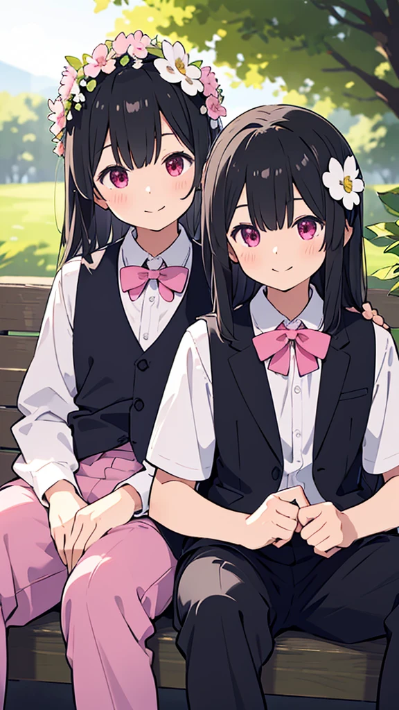 this is a picture of a couple that are sitting sitting next to each other, shirt, 1girl, black hair, smile, sitting, white shirt, flower, outdoors, pink skirt, looking at another, pants, white flower, 2boys, skirt, day, long hair, head wreath, collared shirt, vest