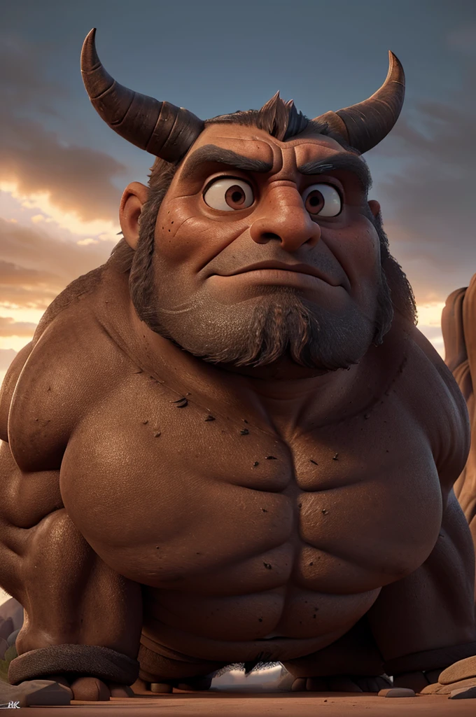 massive muscular cyclops, one giant eye, horns, rugged skin texture, intimidating expression, towering over a barren landscape, dramatic lighting, dark moody colors, (best quality,4k,8k,highres,masterpiece:1.2),ultra-detailed,(realistic,photorealistic,photo-realistic:1.37),cinematic composition,dramatic shadows,volumetric lighting,unreal engine,highly detailed face and body