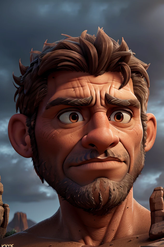 massive muscular cyclops, one giant eye, horns, rugged skin texture, intimidating expression, towering over a barren landscape, dramatic lighting, dark moody colors, (best quality,4k,8k,highres,masterpiece:1.2),ultra-detailed,(realistic,photorealistic,photo-realistic:1.37),cinematic composition,dramatic shadows,volumetric lighting,unreal engine,highly detailed face and body