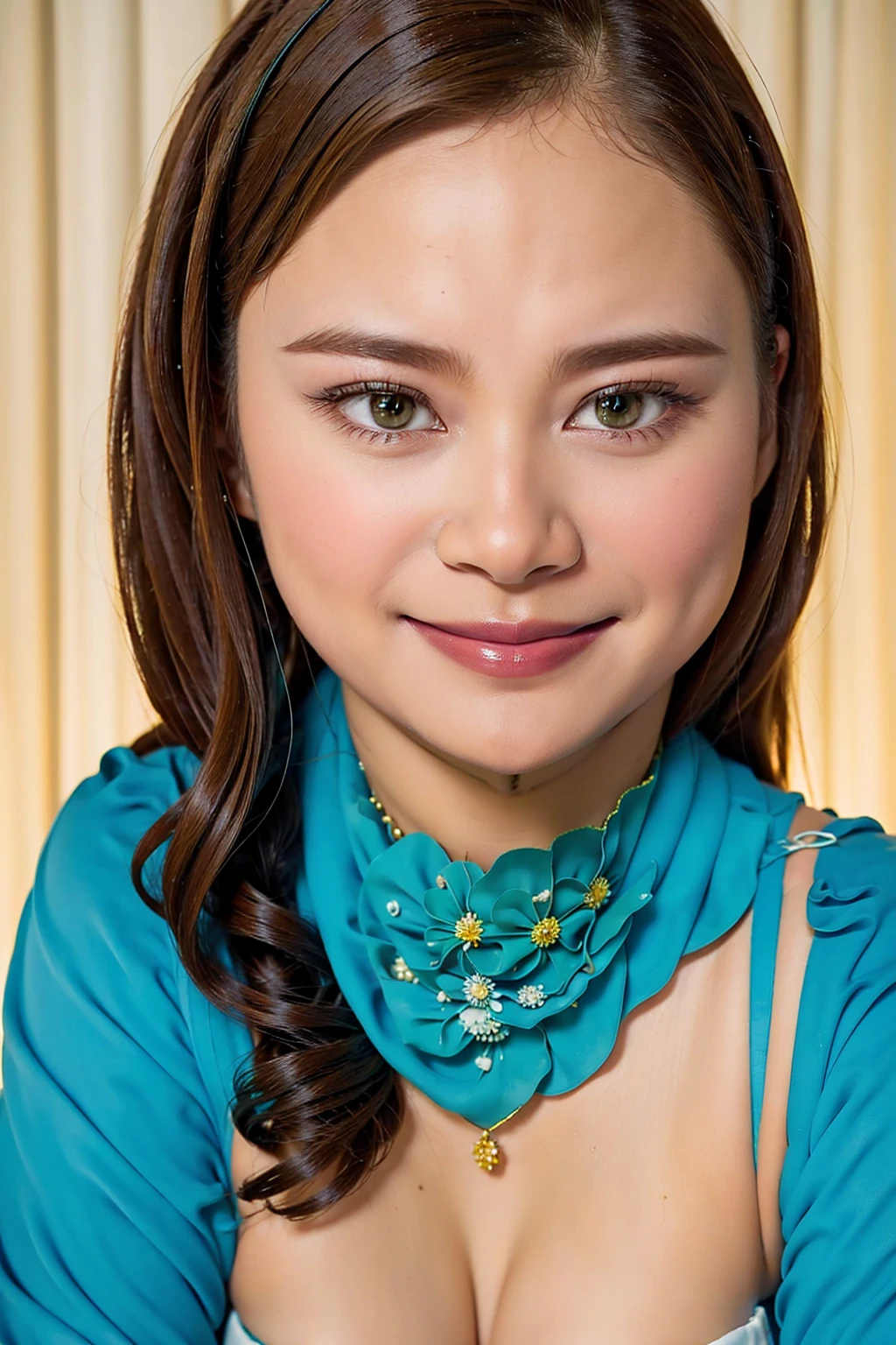Ultra-high resolution, Superior Quality, highest quality, Very detailed, Realistic, 8k, RAW Photos, highest quality, masterpiece, Attractive girl, Awesome girl, Brown Hair,Wavy Hair、 Shoulder-length layers, Mesh Hair, Japanese Idols, ear piercing、stylish, blouse,smile、Beautiful teeth alignment. green eyes. Contact lens. Chubby cheek.