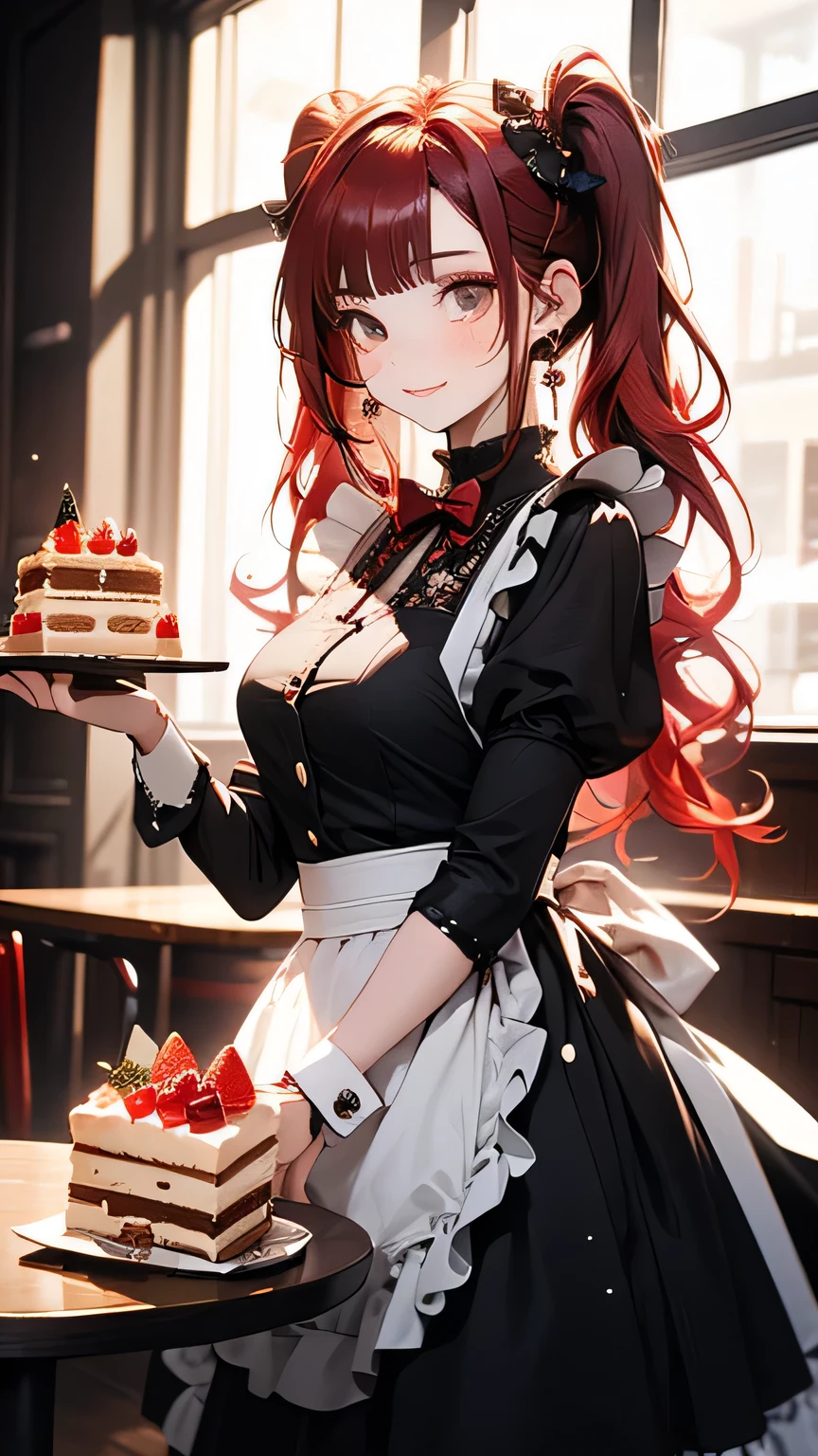 ((masterpiece,Highest quality)),The place is a coffee shop,One girl,Beautiful attention to detail, Detailed face, The waitress is bringing the cake to the table, Red hair twin tails, Kind Face, A strawberry-inspired half-gothic lolita and half-maid costume, White-based clothing,