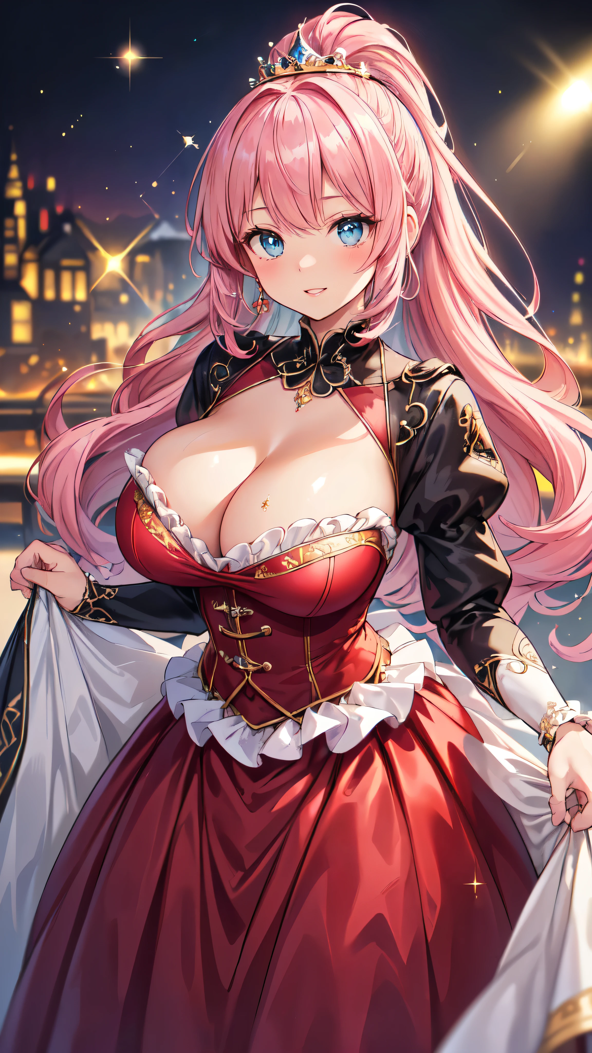 (Moe anime art style:1.3), (masterpiece), ((Highest quality)), ((High resolution)), (unity 8k wallpaper), (((ultra detailed)))
BREAK
(((A young-looking princess))), (18 years old), ((cowboy shot)), ((huge breasts)), breast focus, cleavage cutout, Sweat on the chest,
BREAK
(((gorgeous princess rococo ballgown dress with voluminous full length hoop skirt and long hem))), (crinoline dress), ((Shiny dark red taffeta fabric)), (rococo ballgown dress with plenty of frills and luxurious embroidery), (over skirt with plenty of frills and luxurious embroidery), (Precision Racing), 
BREAK
(((super delicate and beautiful face))), ((Delicate beautiful eyes)), hyper detail eyes, ((Beautiful Lips)), beautiful blue eyes, (face focus), Beautiful smile,
BREAK
(((Pink Hair))), ((Fluffy ponytail)), Curly Hair, (Expressive hair), (very voluminous long hair), Spreading hair, bangs, Beautiful silver and jeweled hair ornaments, 
BREAK
(light sparkles:1.5), (depth of field:1.5),(magnificent panorama view:1.5),