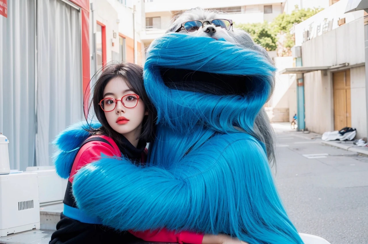 ((Idle level girl)), Masterpiece, highest image quality, Super detailed, (Perfect body:1.3), (perfect face+Glasses+messy hair+gray bob hair+ red eyes), closure, viewer's perspective, she bent down,Catching the audience's attention。Detailed hair,bright smile、Delicate blue eyes(lifelike eyes),professional lighting,