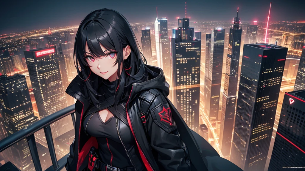 最high resolution,high resolution,Legendary Assassin, Beautiful Teenage Woman,Small breasts,black hooded coat , Grey Shirt,Black pants,Fearless smile, Red lips, Black Hair, Red eyes, realism, Night city view from the top of a skyscraper,Neon Town,Digital Painting, Concept Art, Smooth, Sharp focus, Three-part method, Style Psycho,Detailed Eyes,assassin&#39;s creed