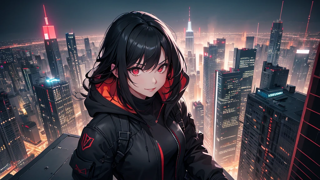 最high resolution,high resolution,Legendary Assassin, Beautiful Teenage Woman,Small breasts,black hooded coat , Grey Shirt,Black pants,Fearless smile, Red lips, Black Hair, Red eyes, realism, Night city view from the top of a skyscraper,Neon Town,Digital Painting, Concept Art, Smooth, Sharp focus, Three-part method, Style Psycho,Detailed Eyes,assassin&#39;s creed