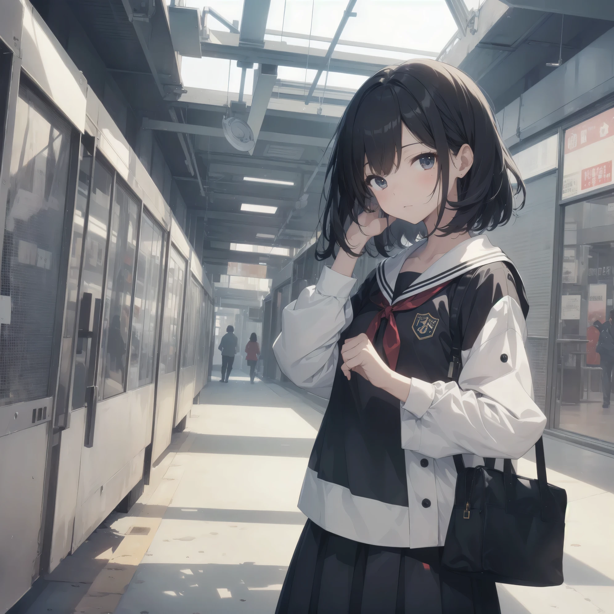 ultra-absurdres-Top quality by artist God, ultra-detailed, high resolution, anime moe artstyle, best anime 8k konachan wallpaper, pixiv contest winner, pool:2810, perfect anatomy,break, 1girl, (Please draw a girl walking sleepily to school alone. )break,(Solo,little female, 13-year-old:1.3),Full limbs, complete fingers,a junior high school student, (very short hair), short cut, flat chest, , small butt, small black eyes, beautiful detailed eyes, well-proportioned iris and pupils, expressive eyes, highres detailed hair, soft expression, salor school_uniform, sailor collar, serahuku, bow, pleated skirt,(Detailed Lighting), (Detailed background), in the School commute route. break,super detailed skin, Best cinematic lighting powered by famous artist, 8k,beauty illustration,photoshop_(medium),very aesthetic,break,((artist:sincos )), artist:clamp ,artist:carnelian ,artist:kantoku ,