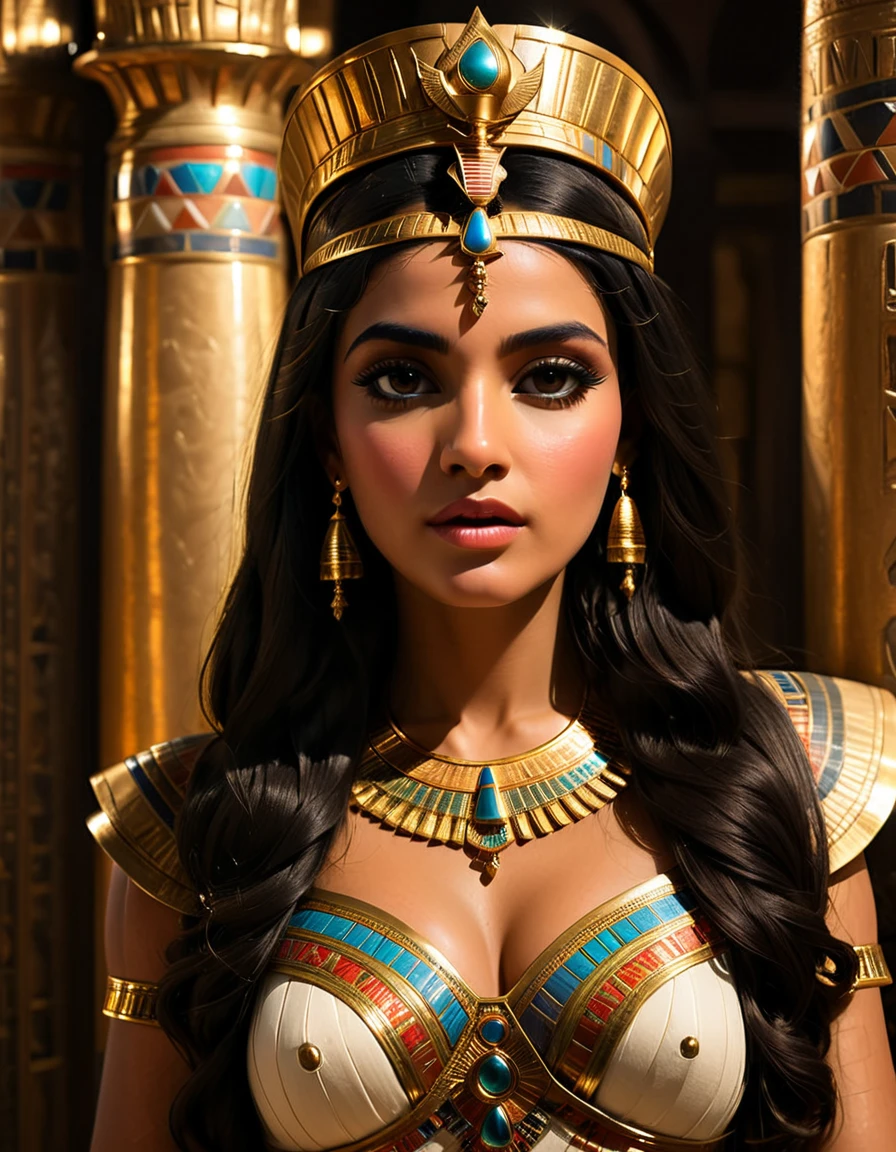 cleopatra, a beautiful woman with long dark hair, detailed face, deep eyes, full lips, wearing a golden crown, in a lavish ancient Egyptian palace interior, dramatic lighting, ornate columns, rich fabrics, (best quality,4k,8k,highres,masterpiece:1.2),ultra-detailed,(realistic,photorealistic,photo-realistic:1.37),intricate details,cinematic lighting,chiaroscuro,dramatic shadows,warm color palette,dramatic poses, low angle,beautiful egyptian queen,regal,elegant,majestic