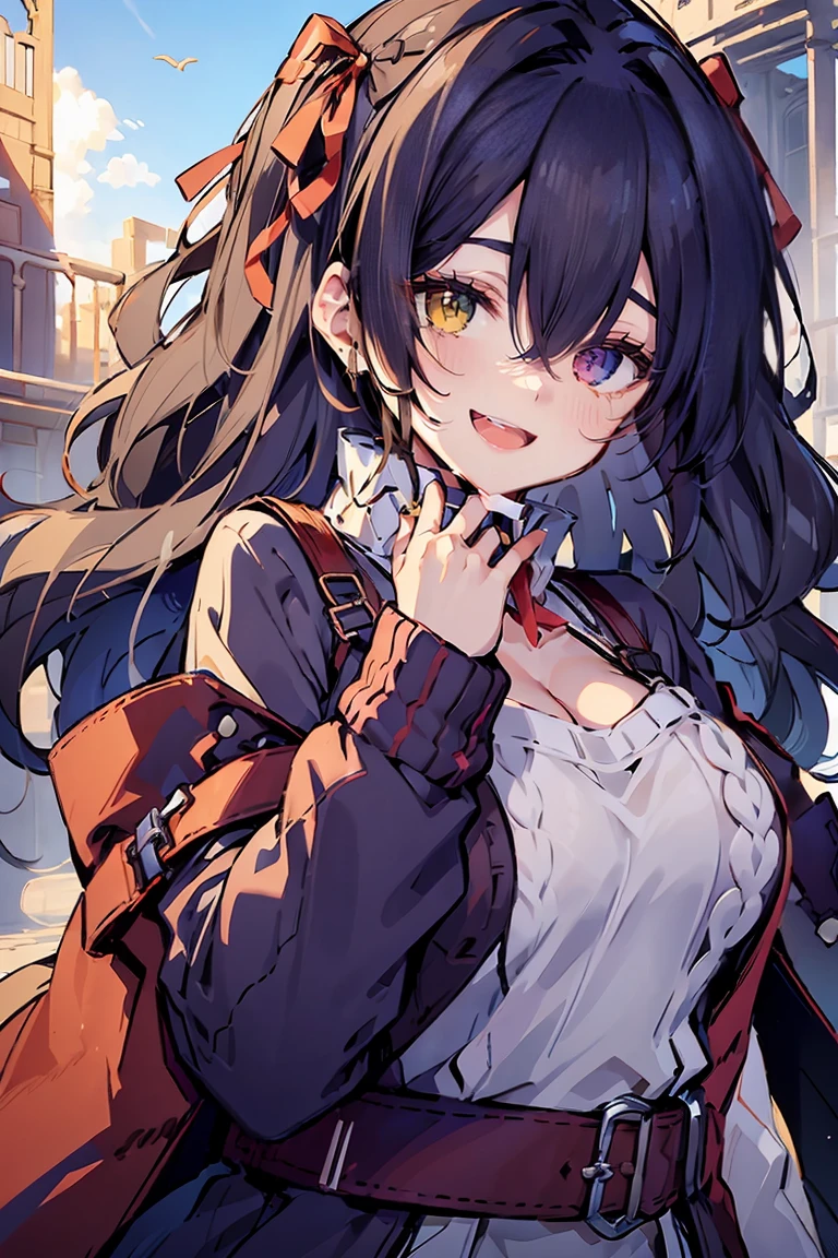 (masterpiece:1.2), (high quality:1.2), (hui xiyi:0.7)rekkyo sensen, rekkyou sensen, girls with((black hair, bangs, (one side up, long wavy hair:1.55), hand up, waving is hands, perfect hands, perfect fingers, exposed breasts, tits cleavage, breasts close up, dress((suspenders, dress:0.65), (belts:0.7), (blue clothes, frills shirt, white knit sweater, long sleeves, straps, ribbon:1.2)), upper body)), background with((fantasy world, ruin, castle, beautiful sky, shining sky, sunshine))