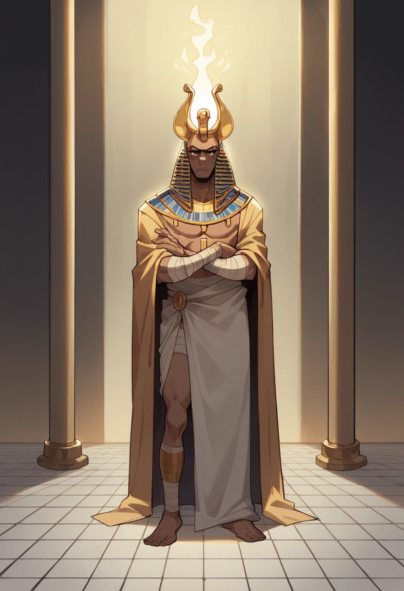 Egyptian goddess Bastet with an angry face in sexy clothes stands next to a vertical sarcophagus, in which lies the dried mummy of Putin. Pharaoh Tombs, Torch light, tile floor, on the wall is the coat of arms of Ukraine made of stone