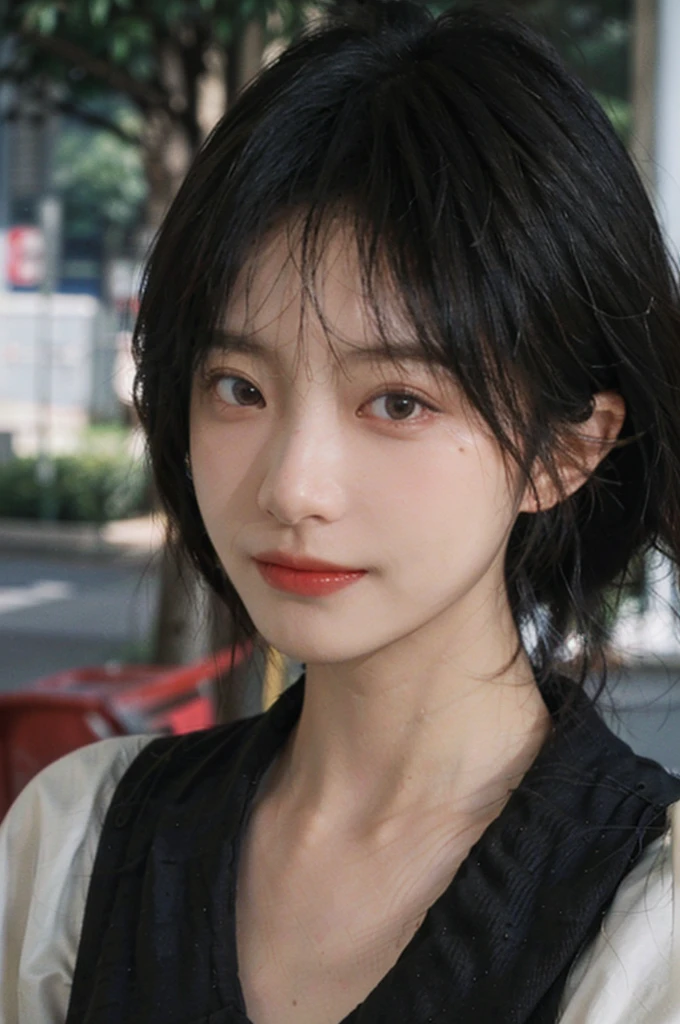 (Skin details:1.4), (smooth skin textures:1.3), Lipstick, background, earrings, serene, calm, Vest,(Realistic and detailed eyes:1.2), Natural skin texture, Realistic facial details, Soft dramatic lighting, Vivid details, 35 mm film, outdoor, (Photo Practical:1.4), (hyper Practical:1.4), (Practical:1.3), (Smoother lighting:1.05), (Improve lighting quality:0.9), (Highest quality real skin textures:1.4), Exquisite eyes, Delicate face, Close-up of face, (Enhance the beauty of skin texture:1.1), Hair details,(Large Breasts:1.3)normal body ratio, short hair, Moles under the eyes, A faint smile,Portrait Photography, Depth of Field, Bokeh, Surrealism, Ray Tracing, (Portrait Photography:1.1), Surrealism, High Detail, Chiaroscuro, Ray Tracing, reflected light, Ultra HD, Ultra HD, masterpiece, Textured Skin, Super Detail, High Detail, high quality, best quality