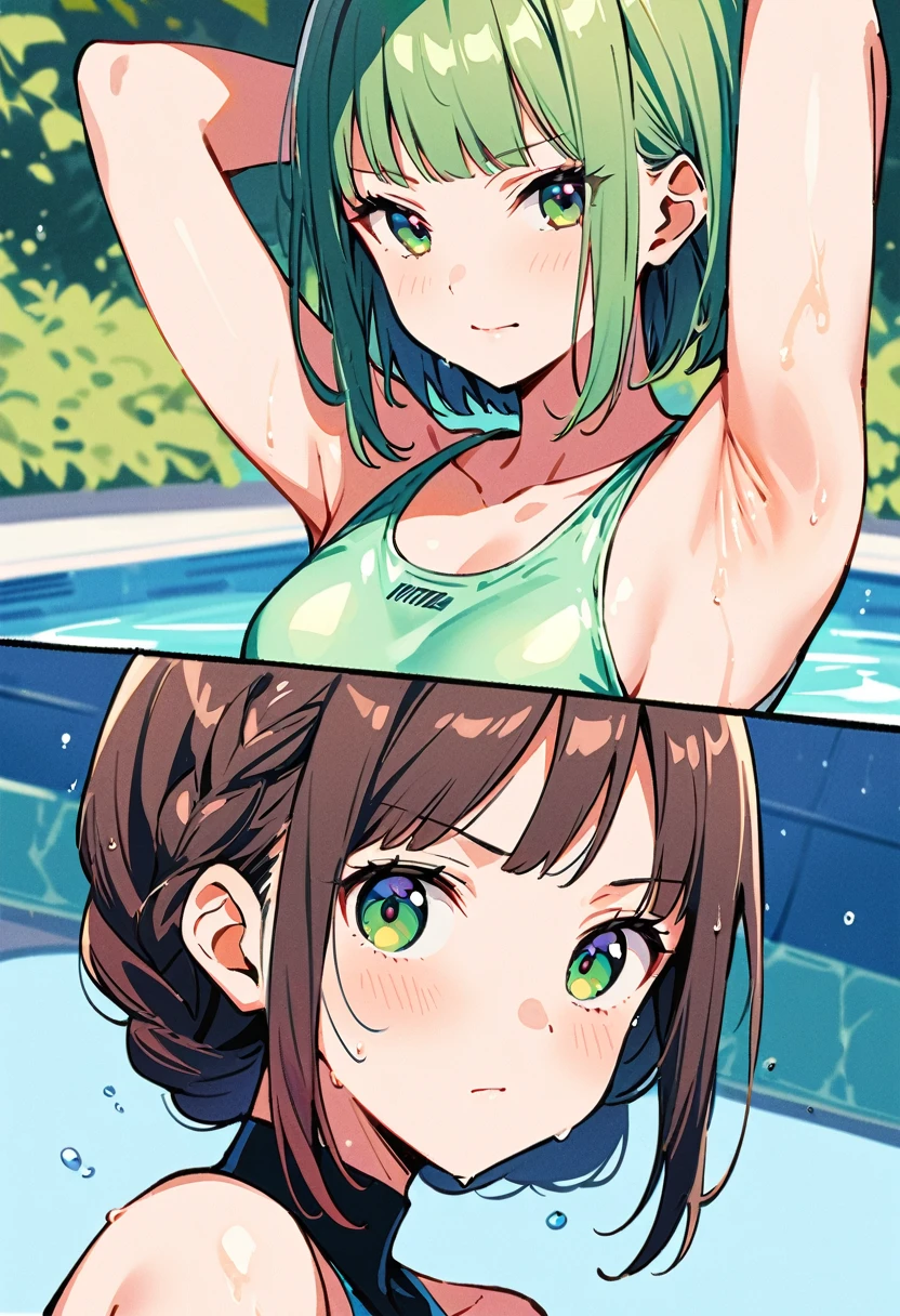 Highest quality、High resolution、Detailed Background、(Beautiful face in every detail:1.4)、Anatomically correct、(Detailed facial expressions)、(fine grain:1.2)、age Beauty、Cute hair color、Braided bob cut、One girl, ((Primary school students)), Junior competitive swimmer, ((Turtleneck one piece swimsuit)), Simple design without patterns, Clear metallic green swimsuit, Small breasts、Perfect body line、 Portrait, ((Close-up of the mouth)), View your viewers, Outdoor swimming pool, From the side, Partially submerged, Wet Skin, A quiet smile with closed mouth, (armpit), Hands do not hold anything
